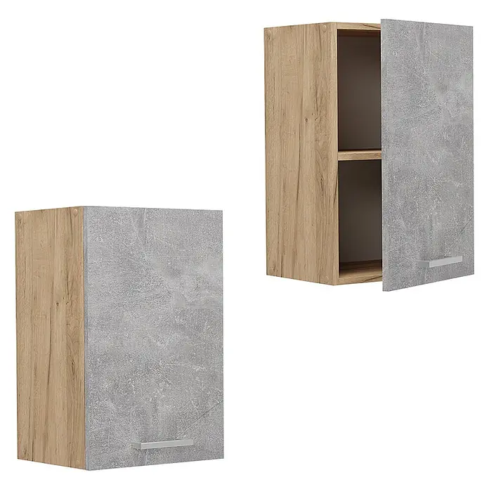 Vicco Schrankküche R-Line Beton - Beton, Hängeschrank 40 cm - Zwei Hängeschränke: einer geschlossen, einer offen mit Einlegeboden. Sie haben einen hellen Holz-Look-Korpus und eine graue Beton-Optik-Tür mit silbernem Griff.