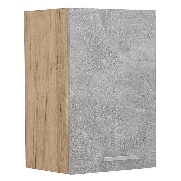 Vicco Schrankküche R-Line Beton - Beton, Hängeschrank 40 cm - Hängeschrank mit heller Holzseite und grauer Betonoptik-Front, mit silbernem Griff.