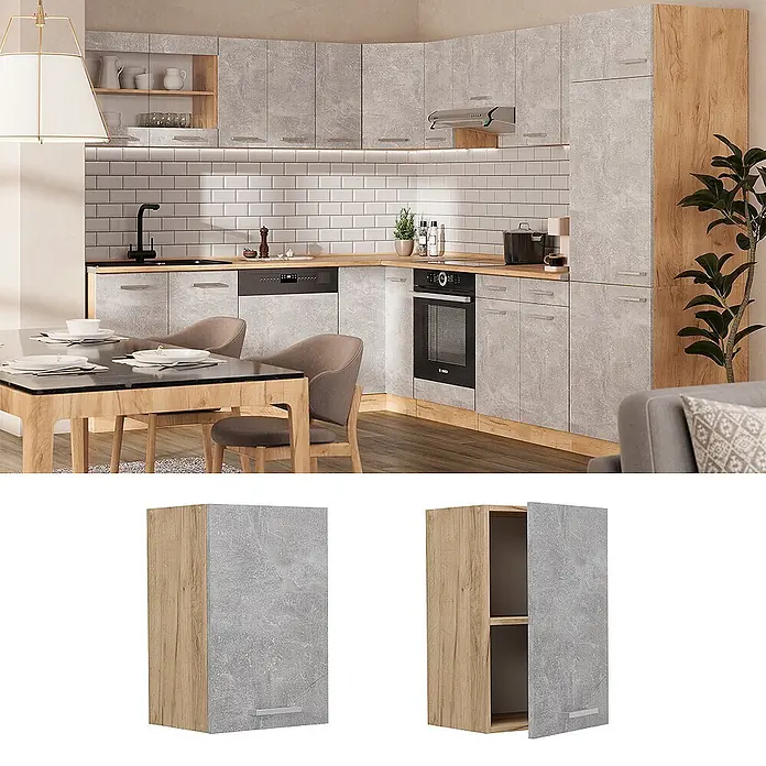 Vicco Schrankküche R-Line Beton - Beton, Hängeschrank 40 cm - Heller, beton-effektiver Küchenwandschrank mit hellem Holz-Effektrahmen und Regalen.