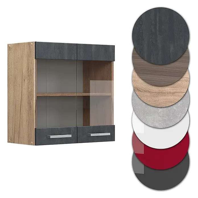 Vicco Schrankküche R-Line Schwarz Beton - Schwarz Beton, Hängeglasschrank 60 cm - Hängeschrank mit hellen Holzseiten, dunkelgrauen Akzenten, Glastüren und Schubladen. Farbmuster zur Individualisierung.
