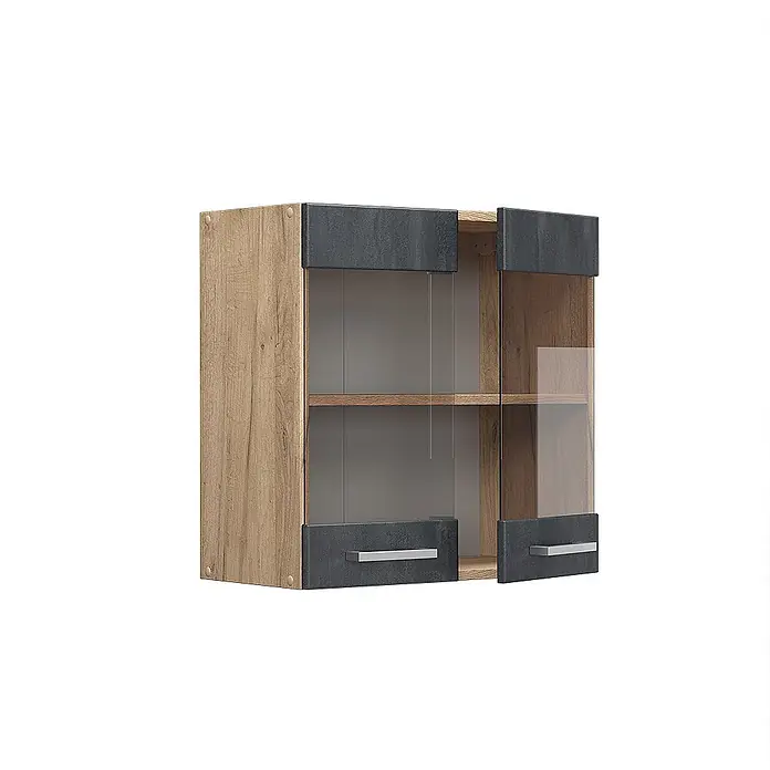 Vicco Schrankküche R-Line Schwarz Beton - Schwarz Beton, Hängeglasschrank 60 cm - Hängeschrank in Holzoptik mit dunkelgrauen Akzenten, Glastüren und einem Einlegeboden.