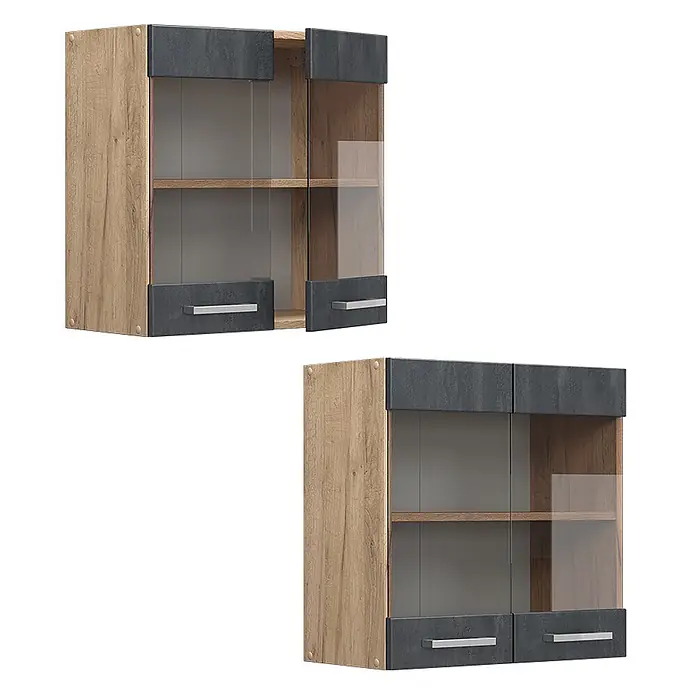Vicco Schrankküche R-Line Schwarz Beton - Schwarz Beton, Hängeglasschrank 60 cm - Wandhängeschrank in Holzoptik und Dunkelgrau mit Glastüren und silbernen Griffen.
