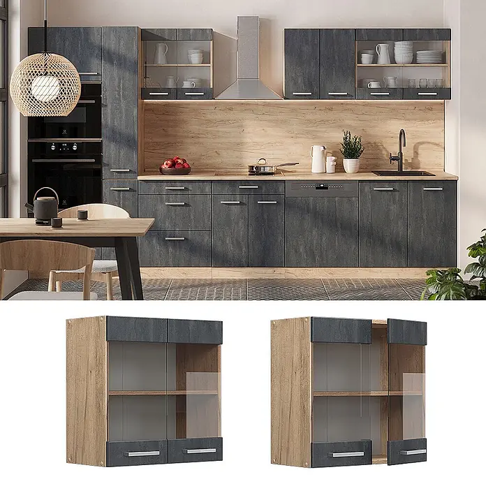 Vicco Schrankküche R-Line Schwarz Beton - Schwarz Beton, Hängeglasschrank 60 cm - Dunkelgrauer und hellholzfarbener Küchen-Hängeschrank mit Glastüren für Ausstellungszwecke.