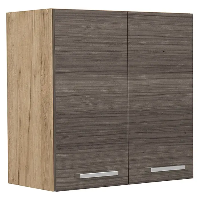 Vicco Schrankküche R-Line Edelgrau - Edelgrau, Hängeschrank 60 cm - Wandschrank mit heller Holzseite und dunklen Holztüren mit silbernen Griffen.