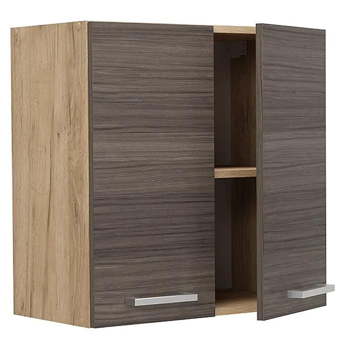 Vicco Schrankküche R-Line Edelgrau - Edelgrau, Hängeschrank 60 cm - Zweifarbiger Wandschrank mit heller Holzmaserung an der Seite und dunklen Holztüren, eine geöffnet mit Innenfächern und silbernen Griffen.