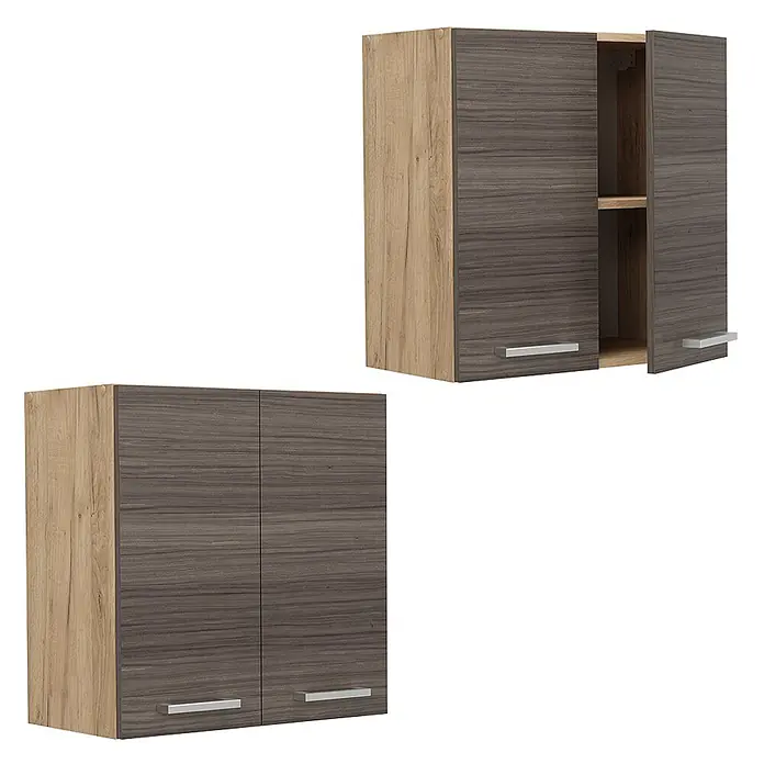 Vicco Schrankküche R-Line Edelgrau - Edelgrau, Hängeschrank 60 cm - Zwei Holz-Hängeschränke mit hellbraunen Rahmen und dunkelgrauen Türen, silbernen Griffen. Eine Tür ist offen und zeigt ein Regal.