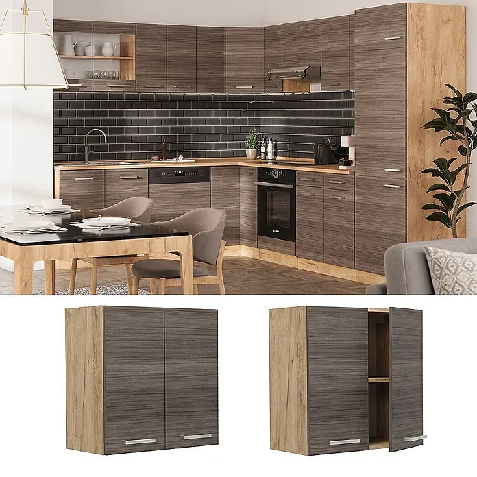 Vicco Schrankküche R-Line Edelgrau - Edelgrau, Hängeschrank 60 cm - Moderne Küche mit zweifarbigen Schränken in dunkler Holzmaserung und hellen Holzakzenten, inklusive Einbaugeräten.