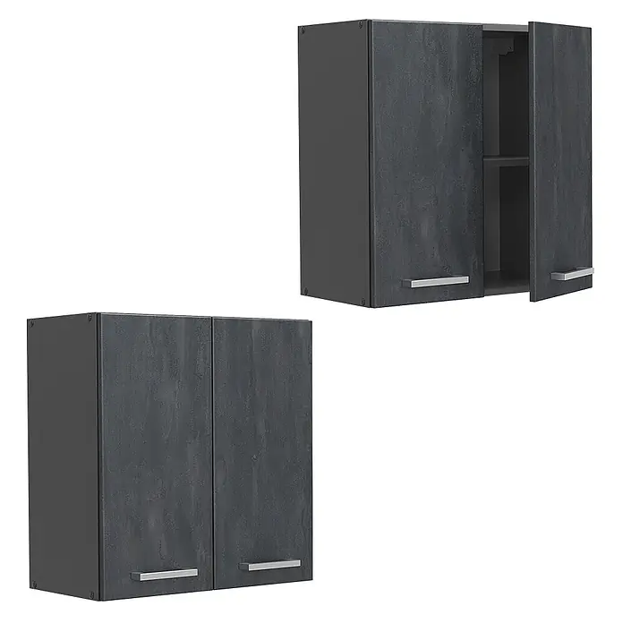 Vicco Hängeschrank R-Line, Schwarz Beton, 60 cm -  - Zwei anthrazitfarbene Hängeschränke mit strukturierter Oberfläche und silbernen Griffen; einer geschlossen, einer offen mit Einlegeböden.
