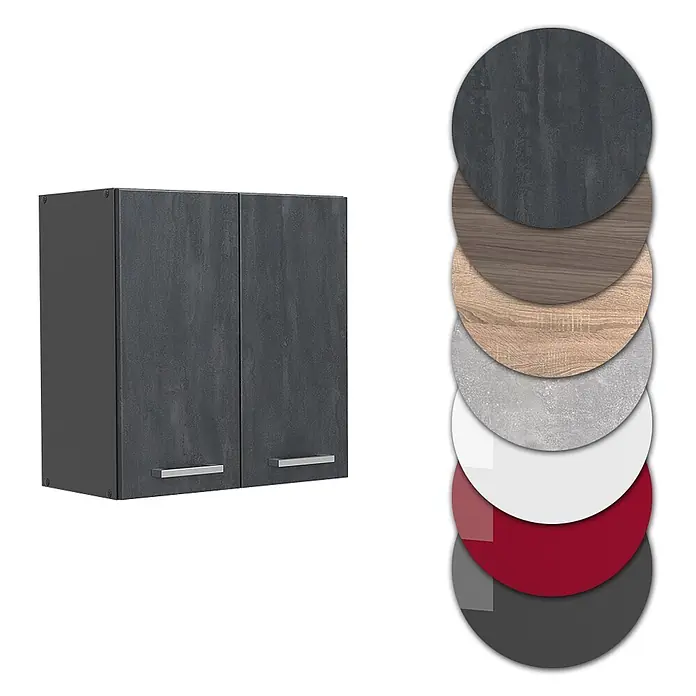 Vicco Hängeschrank R-Line, Schwarz Beton, 60 cm -  - Zweitüriger Hängeschrank in dunkelgrauer Steinoptik mit Materialmustern.