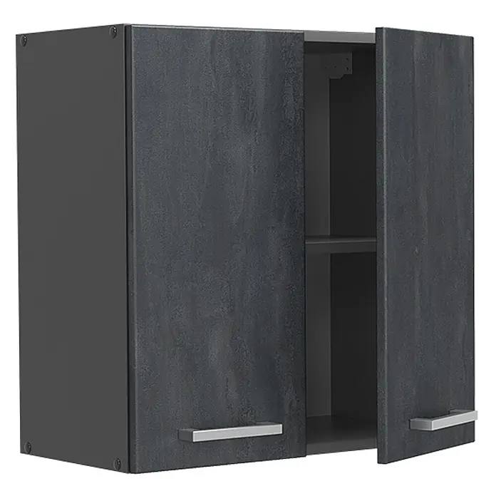 Vicco Hängeschrank R-Line, Schwarz Beton, 60 cm -  - Dunkelgrauer Wandschrank mit zwei strukturierten Türen und silbernen Griffen, eine Tür offen mit Innenregal.