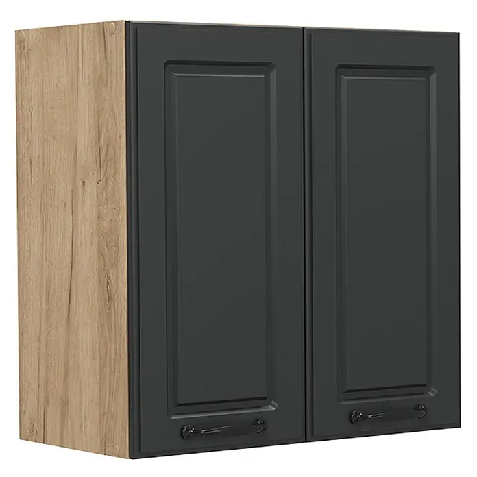 Vicco Schrankküche R-Line Anthrazit Landhaus - Anthrazit Landhaus, Hängeschrank 60 cm - Zweitüriger Hängeschrank mit dunkelgrauen Rahmentüren und heller Holzmaserung an der Seite, mit schwarzen Griffen.