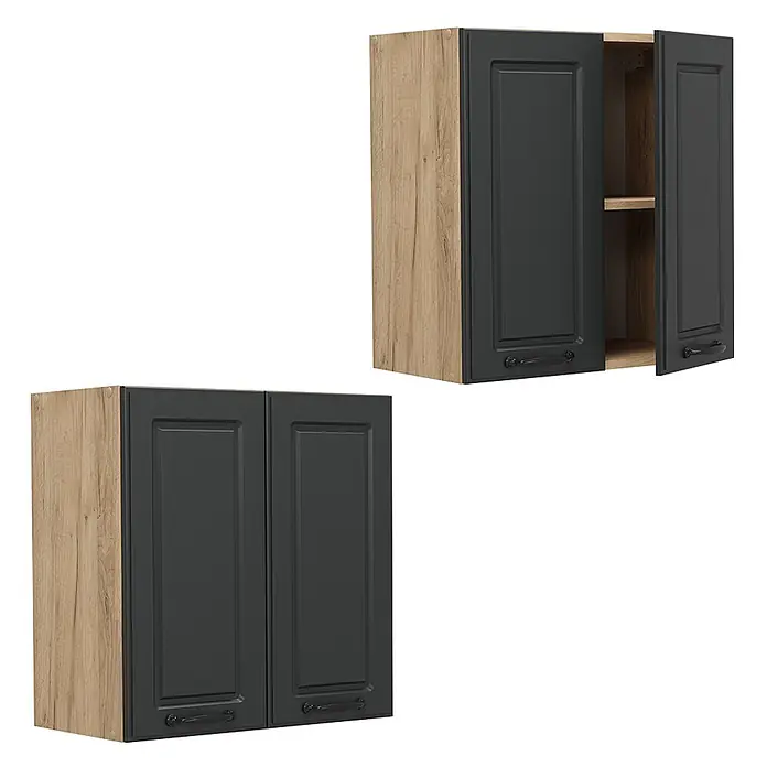 Vicco Schrankküche R-Line Anthrazit Landhaus - Anthrazit Landhaus, Hängeschrank 60 cm - Zwei Küchenoberschränke in Holzoptik mit dunkelgrauen Kassettentüren, einer geöffnet mit Ablage.