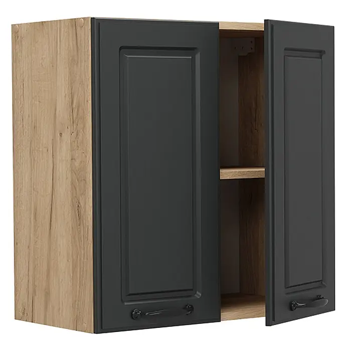 Vicco Schrankküche R-Line Anthrazit Landhaus - Anthrazit Landhaus, Hängeschrank 60 cm - Zweitüriger Hängeschrank mit dunkelgrauen Kassettentüren und heller Holzoptik, eine Tür leicht geöffnet, Blick auf einen Einlegeboden.