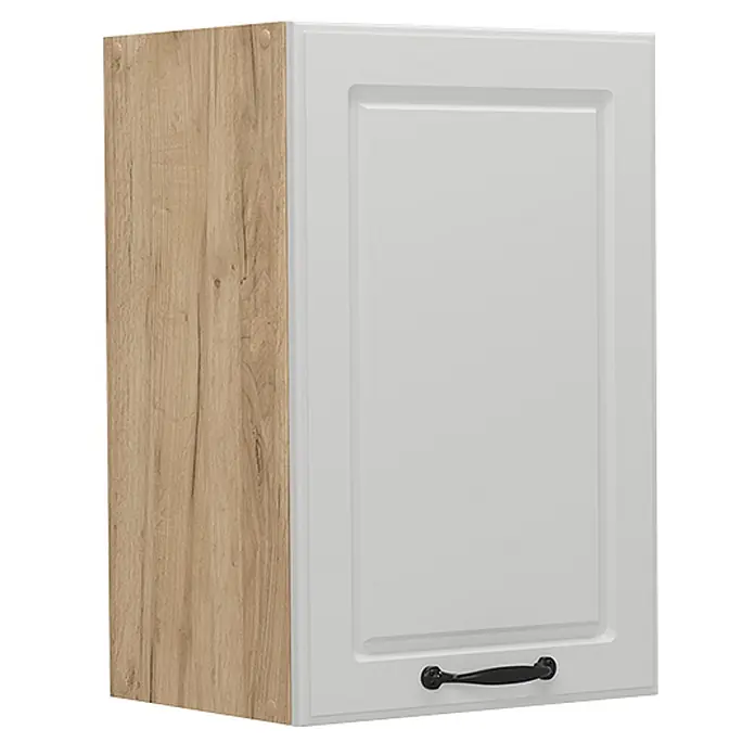 Vicco Schrankküche R-Line Weiß Landhaus - Weiß Landhaus, Hängeschrank 40 cm - Weißer Küchenwandschrank mit heller Holzoptik-Seite und schwarzem Griff.