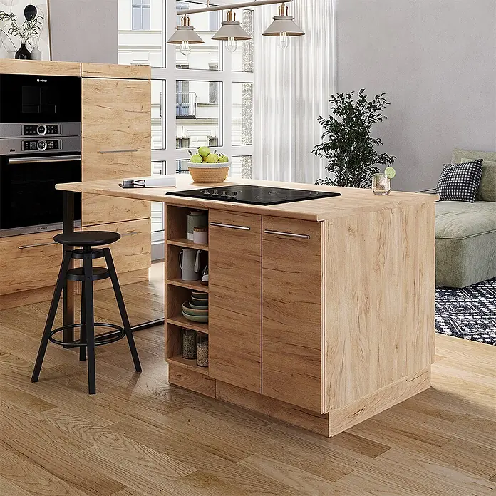 Vicco Inselküche Fame-Line Goldkraft Eiche mit Schublade, ohne Arbeitsplatte - Goldkraft Eiche, Ohne Elektrogeräte - Moderne Kücheninsel aus hellem Holz mit integriertem Kochfeld und Bartresen-Erweiterung in einer Küche.