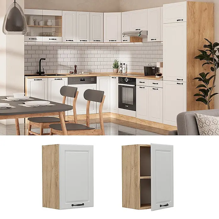 Vicco Schrankküche R-Line Weiß Landhaus - Weiß Landhaus, Hängeschrank 40 cm - Weißer Küchenschrank mit hellen Holzseiten und schwarzem Griff, in einem modernen Küchendesign gezeigt.