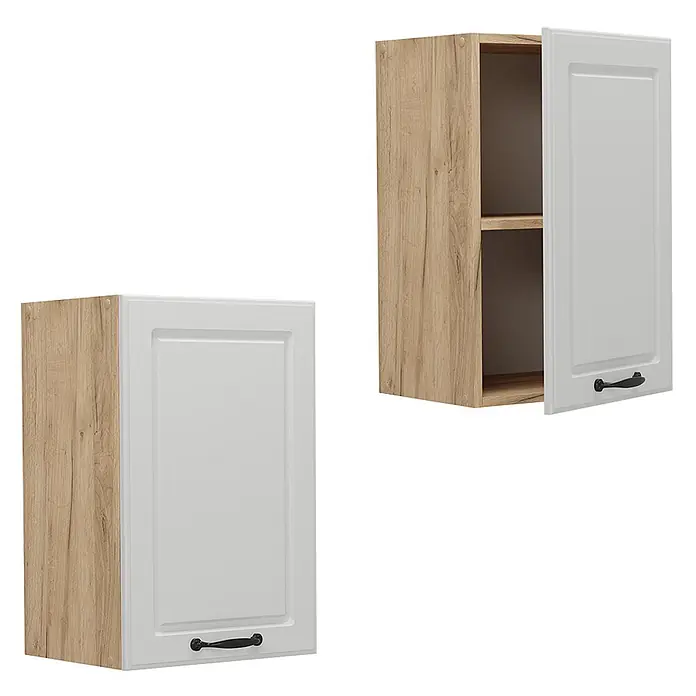 Vicco Schrankküche R-Line Weiß Landhaus - Weiß Landhaus, Hängeschrank 40 cm - Zwei Küchenoberschränke. Helle Holzoptik, hellgraue Kassettentüren mit schwarzen Griffen. Einer geschlossen, einer offen mit Regalböden.