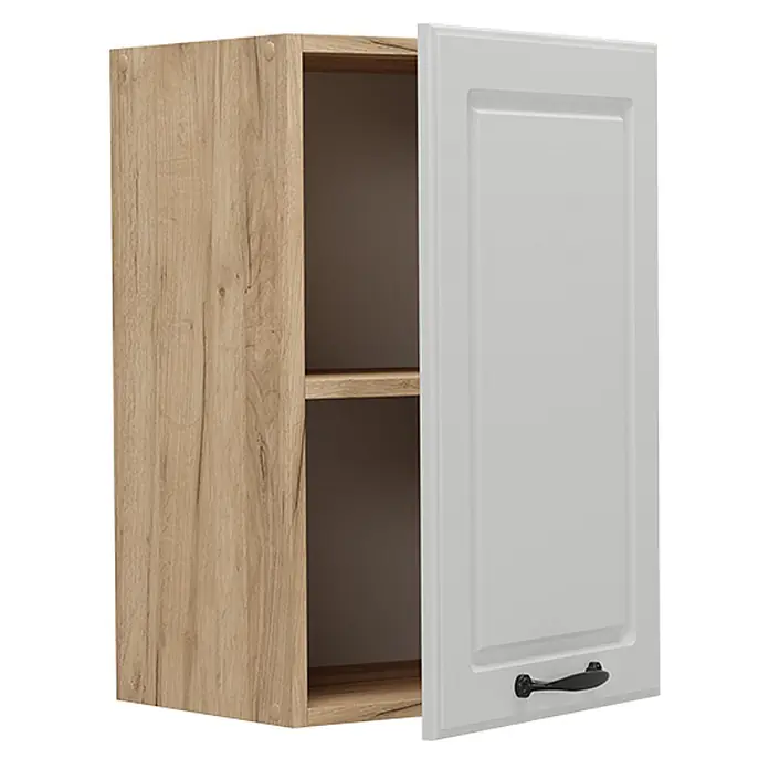 Vicco Schrankküche R-Line Weiß Landhaus - Weiß Landhaus, Hängeschrank 40 cm - Wandschrank mit hellem Holzkorpus und offener weißer Kassettentür, Regalböden und schwarzem Griff zeigend.