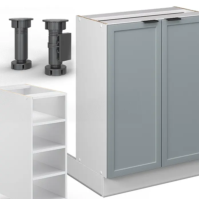 Vicco Inselküche Fame-Line Hellblau-grau ohne Arbeitsplatte - Breite: 90 cm, Hellblau-grau, Ohne Elektrogeräte - Dunkelgraue, verstellbare Kunststoff-Möbelfüße, ein weißes Regalmodul und ein grauer Küchenschrank mit Türen und weißem Sockel.