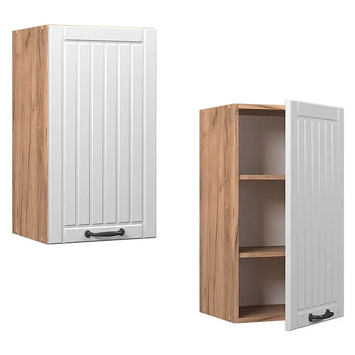 Vicco Hängeschrank Fame-Line, Weiß Landhaus, 40 cm -  - Zwei Küchenhängeschränke, einer geschlossen, einer offen mit Regalböden. Mit Holzoptik-Korpus und weißen Lamellentüren mit schwarzen Griffen.