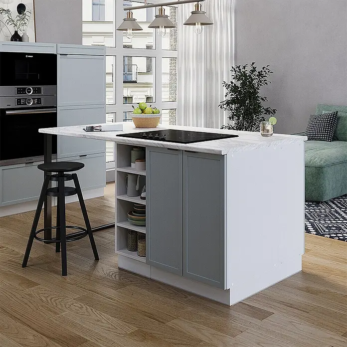 Vicco Inselküche Fame-Line Hellblau-grau ohne Arbeitsplatte - Breite: 90 cm, Hellblau-grau, Ohne Elektrogeräte - Moderne Kücheninsel mit weißer Marmor-Arbeitsplatte, integriertem Induktionskochfeld, grauen Schranktüren und offenen Regalen. Ein schwarzer Hocker steht an der Verlängerung.