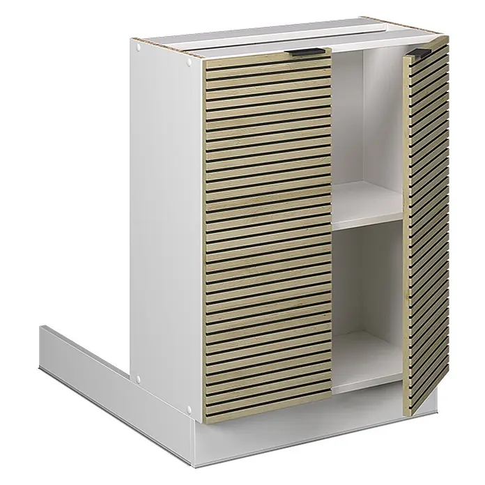 Vicco Inselküche Fame-Line Eiche Paneel ohne Arbeitsplatte - Eiche Paneel, Ohne Elektrogeräte - Weißer Unterschrank mit Holzlamellentüren, schwarzen Griffen und Innenablagen auf Metallsockel.