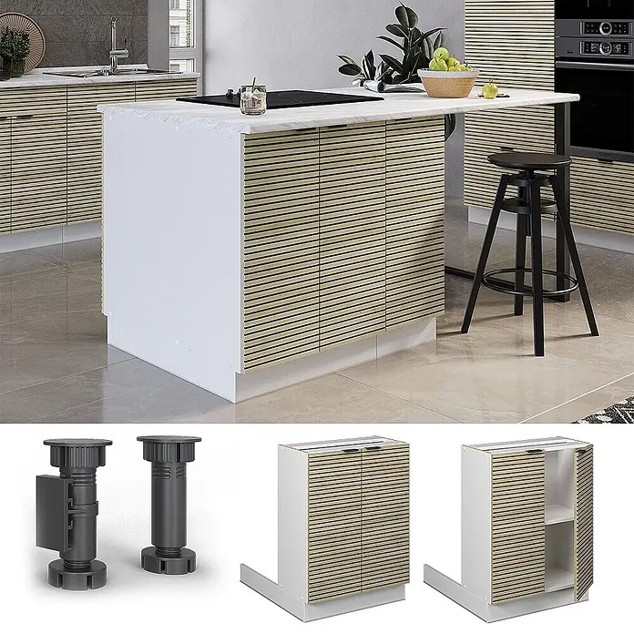 Vicco Inselküche Fame-Line Eiche Paneel ohne Arbeitsplatte - Eiche Paneel, Ohne Elektrogeräte - Verstellbare Schranksockel und weißer Schrank mit Lamellentüren in Holzoptik, integriert in eine moderne Kücheninsel.