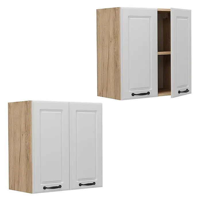 Vicco Schrankküche R-Line Weiß Landhaus - Weiß Landhaus, Hängeschrank 60 cm - Zwei Küchenhängeschränke in heller Holzoptik und Weiß. Einer ist offen mit Regal, der andere geschlossen.