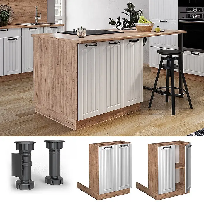 Vicco Inselküche Fame-Line Weiß Landhaus ohne Arbeitsplatte - Weiß Landhaus, Ohne Elektrogeräte - Kücheninsel mit heller Holzoptikplatte und -seite, weißen Lamellenschränken, schwarzen Griffen, integriertem Kochfeld und erweiterter Bartheke mit Hocker.