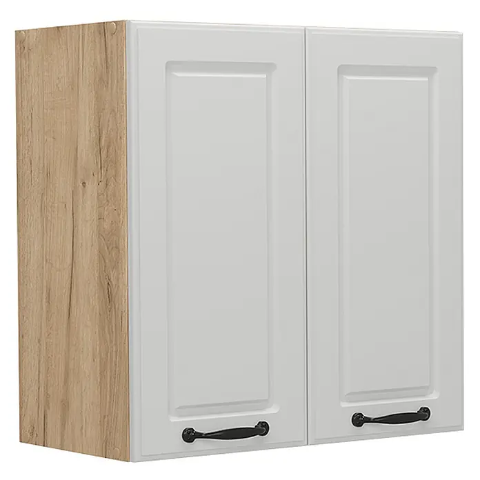 Vicco Schrankküche R-Line Weiß Landhaus - Weiß Landhaus, Hängeschrank 60 cm - Weißer Küchenhängeschrank mit zwei Kassettenfronten, schwarzen Griffen und einer Holzmaserungs-Seitenplatte.
