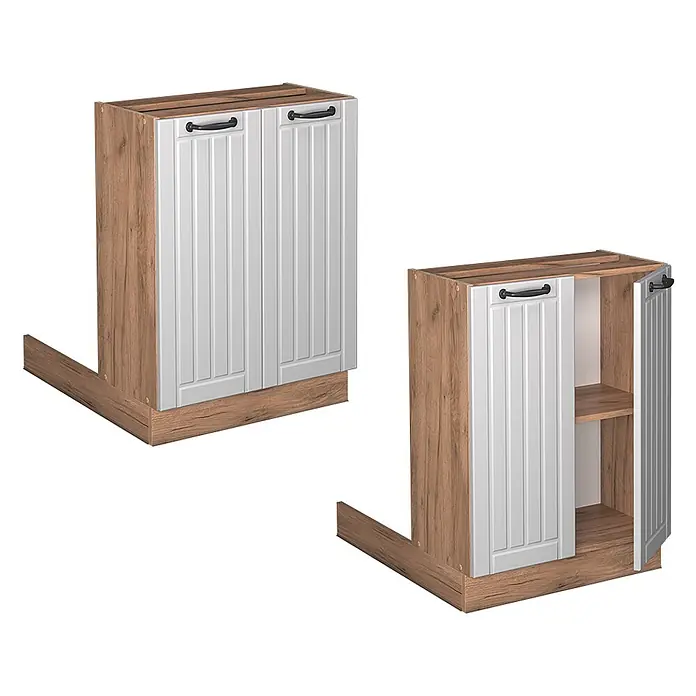 Vicco Inselküche Fame-Line Weiß Landhaus ohne Arbeitsplatte - Weiß Landhaus, Ohne Elektrogeräte - Eck-Küchenunterschrank, weiße Paneeltüren, braune Holzoptik. Ein Schrank offen zeigt Regal.