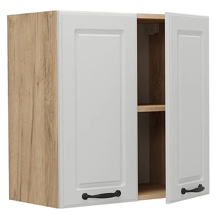 Vicco Schrankküche R-Line Weiß Landhaus - Weiß Landhaus, Hängeschrank 60 cm - Weißer zweitüriger Wandschrank mit Holzmaserung an den Seiten, schwarzen Griffen. Eine Tür offen, Regalböden sichtbar.