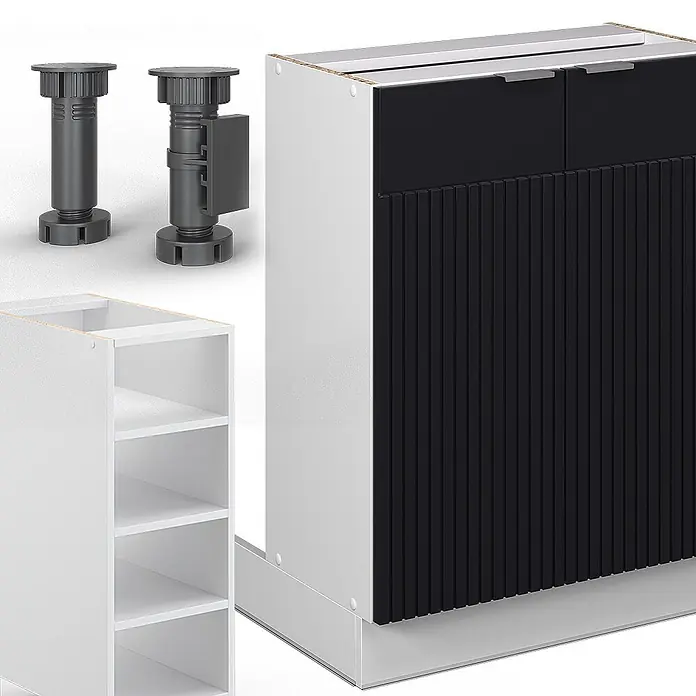 Vicco Inselküche Fame-Line Schwarz gestreift ohne Arbeitsplatte - Schwarz gestreift, Ohne Elektrogeräte - Komponenten für Küchenschränke: dunkelgraue verstellbare Füße, weißes offenes Regalmodul und ein weißer Unterschrank mit schwarzen strukturierten Türen.