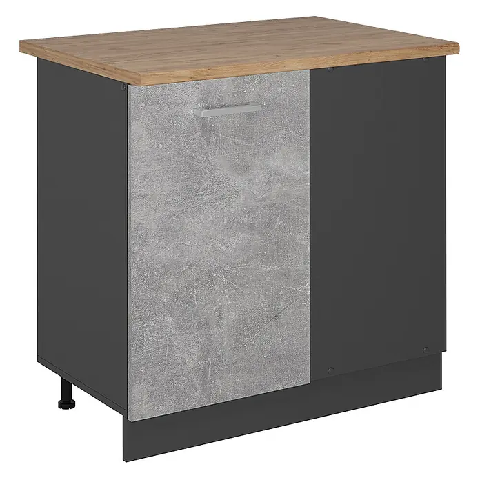 Vicco Schrankküche R-Line Beton, AP Eiche - Beton, Eckunterschrank 86 cm, AP Eiche - Küchenunterschrank mit heller Holzplatte, dunkelgrauem Korpus und einer grauen Tür in Betonoptik mit silbernem Griff.