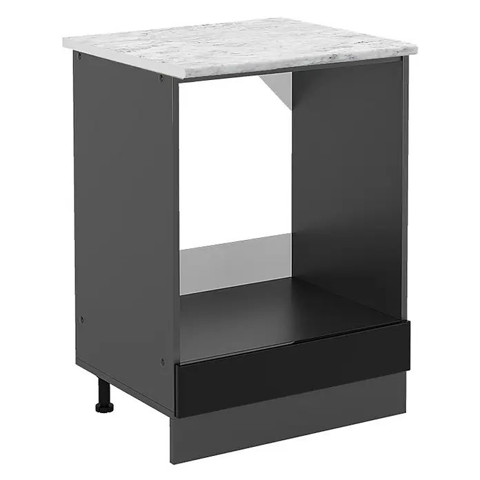 Vicco Herdumbauschrank R-Line, Schwarz Hochglanz, 60 cm -  - Dunkelgrauer Küchenunterschrank mit weißer Marmorplatte und offenem Fach für Geräte.