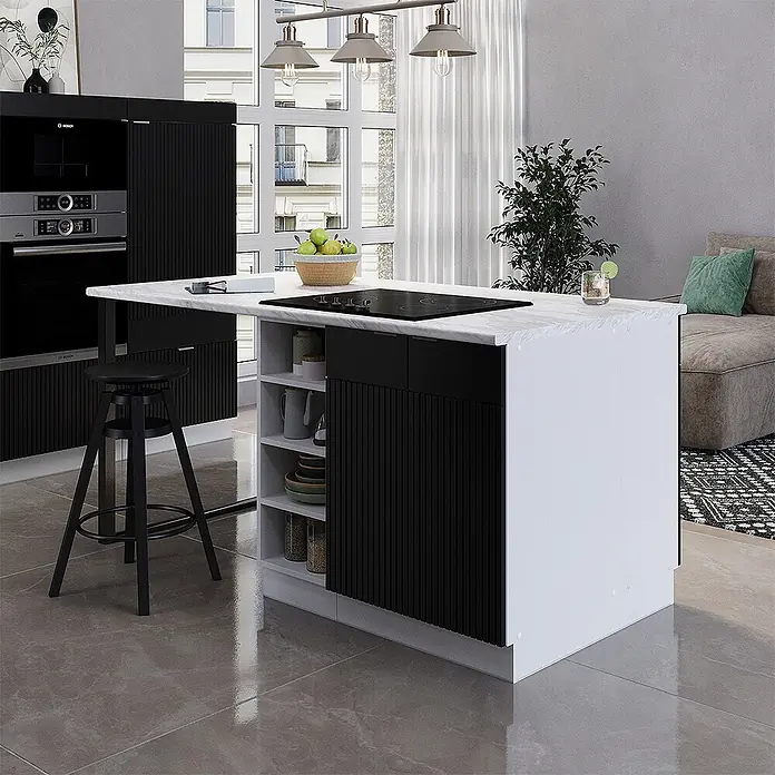 Vicco Inselküche Fame-Line Schwarz gestreift ohne Arbeitsplatte - Schwarz gestreift, Ohne Elektrogeräte - Moderne weiße Kücheninsel mit Marmorplatte, integriertem Kochfeld, schwarzen Lamellen und offenen Regalen.