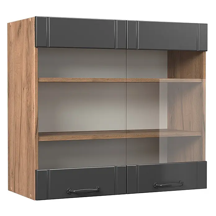 Vicco Schrankküche Fame-Line Dunkelgrau - Dunkelgrau, Hängeglasschrank 80 cm - Wandhängeschrank in Dunkelgrau und Holzoptik mit Glastüren, zwei Regalböden, zwei Schubladen mit Griffen und zwei oberen dunklen Türen.