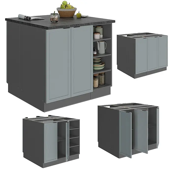 Vicco Inselküche Fame-Line Hellblau-grau ohne Arbeitsplatte - Breite: 90 cm, Hellblau-grau, Ohne Elektrogeräte - Modulares Küchenschrankelement mit dunkelgrauem Korpus und hellgrauen Türen, montiert und als Komponenten dargestellt.