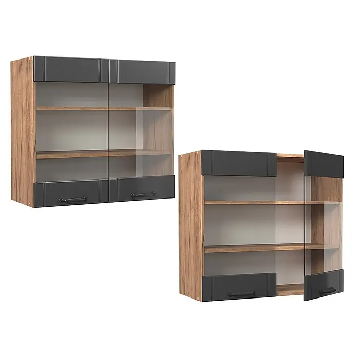 Vicco Schrankküche Fame-Line Dunkelgrau - Dunkelgrau, Hängeglasschrank 80 cm - Brauner Hängeschrank mit anthrazitfarbenen Blenden und Glastüren, offen und geschlossen gezeigt, mit Regalböden.