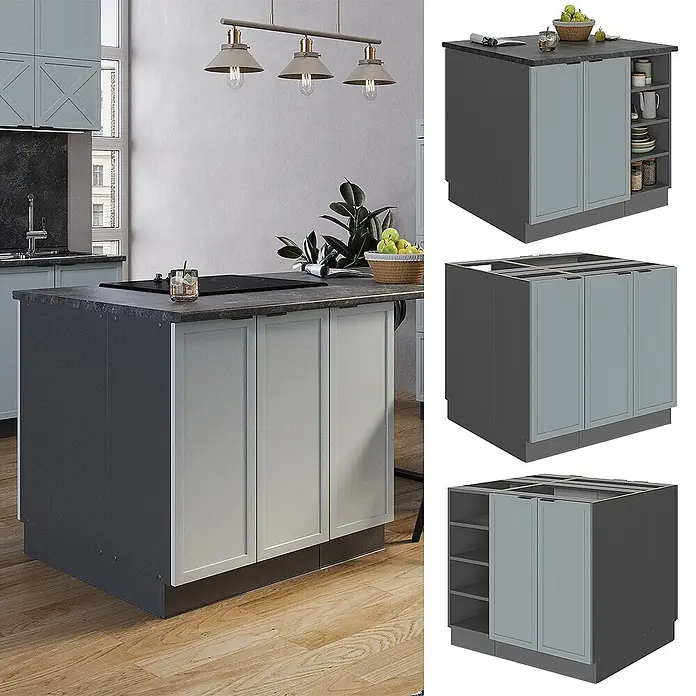Vicco Inselküche Fame-Line Hellblau-grau ohne Arbeitsplatte - Breite: 90 cm, Hellblau-grau, Ohne Elektrogeräte - Moderne Kücheninsel mit dunkelgrauem Sockel, hellgrauen Schranktüren, dunkler Arbeitsplatte, integriertem Kochfeld & optionalen Regalen.