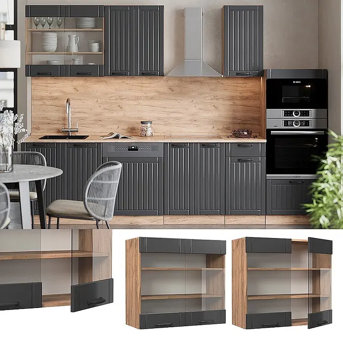 Vicco Schrankküche Fame-Line Dunkelgrau - Dunkelgrau, Hängeglasschrank 80 cm - Moderne Küche mit dunkelgrauen Rillenfronten, hellen Holzelementen und integrierten Geräten, inkl. Wandschrank mit Glastüren.
