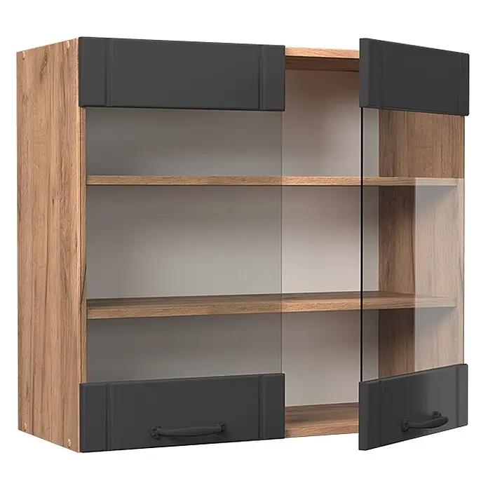 Vicco Schrankküche Fame-Line Dunkelgrau - Dunkelgrau, Hängeglasschrank 80 cm - Wandhängeschrank aus Holz mit dunkelgrauen und Klarglastüren, eine leicht geöffnet.