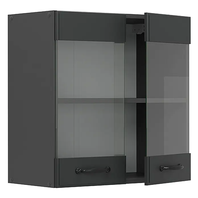 Vicco Küchenglasschrank R-Line, Anthrazit Landhaus, 60 cm -  - Dunkelgrauer Wandschrank mit Glastüren, Innenablage und unteren Schubladen, eine Tür leicht geöffnet.