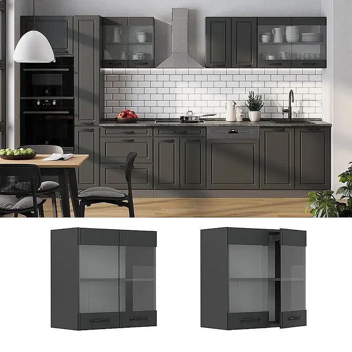 Vicco Küchenglasschrank R-Line, Anthrazit Landhaus, 60 cm -  - Dunkelgrauer Küchenoberschrank mit Glastüren und schwarzen Griffen.