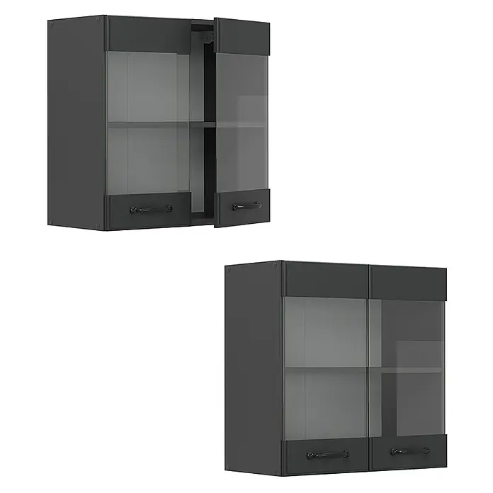Vicco Küchenglasschrank R-Line, Anthrazit Landhaus, 60 cm -  - Zwei dunkelgraue Küchenhängeschränke mit Glastüren und Schubladen. Einer offen, einer geschlossen, mit Einlegeböden.