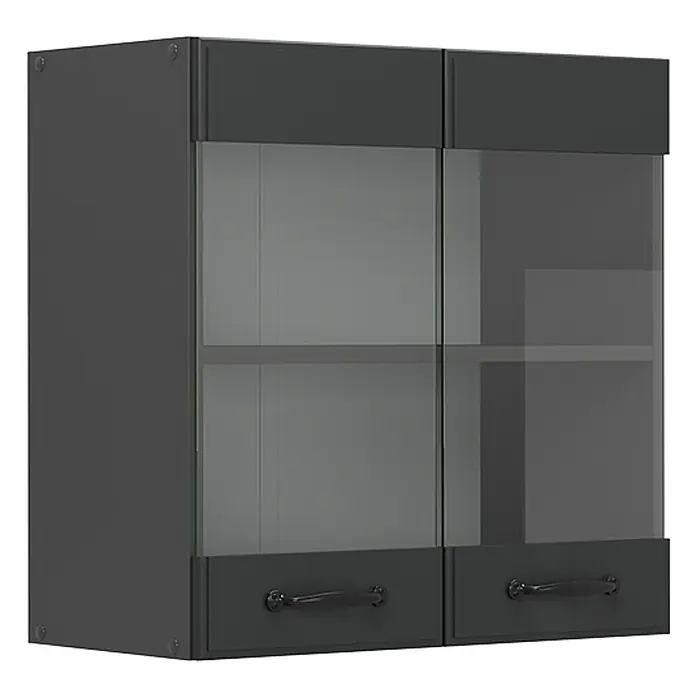 Vicco Küchenglasschrank R-Line, Anthrazit Landhaus, 60 cm -  - Dunkelgrauer Hängeschrank mit zwei Glastüren, Innenregalen und zwei unteren Schubladen mit Griffen zur Aufbewahrung.