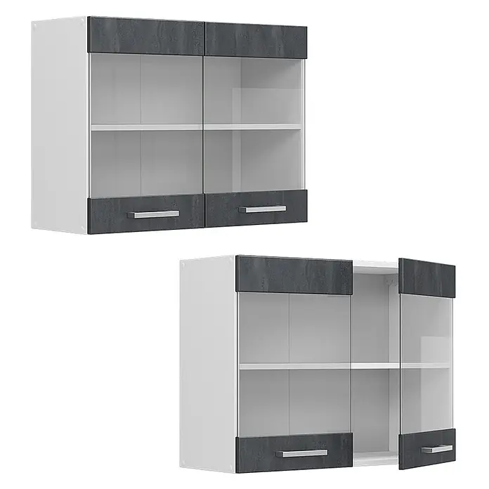 Vicco Schrankküche R-Line Schwarz Beton - Schwarz Beton, Hängeglasschrank 80 cm - Weißer zweitüriger Wandschrank mit dunkelgrauen Blenden, Glasfronten und silbernen Griffen, geschlossen und teilweise geöffnet dargestellt.