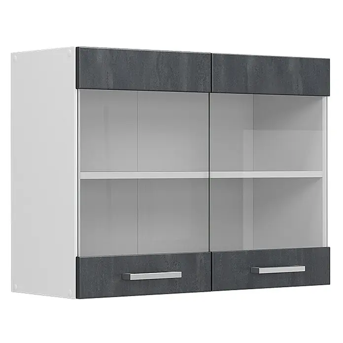 Vicco Schrankküche R-Line Schwarz Beton - Schwarz Beton, Hängeglasschrank 80 cm - Weiß-anthrazit Wandschrank mit Glastüren und silbernen Griffen.