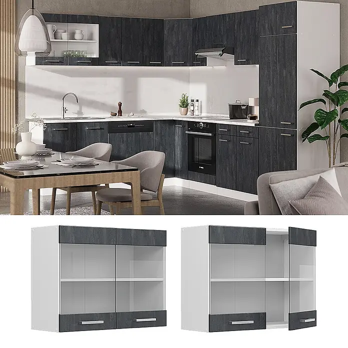 Vicco Schrankküche R-Line Schwarz Beton - Schwarz Beton, Hängeglasschrank 80 cm - Moderne Küchenzeile mit dunkelgrauen strukturierten Holzoptik-Schränken, weißen Elementen, integrierten Geräten und Esstisch. Modulares Design.