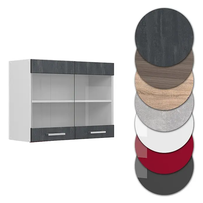 Vicco Schrankküche R-Line Schwarz Beton - Schwarz Beton, Hängeglasschrank 80 cm - Hängeschrank mit dunkelgrauen Steinoptikfronten, weißen Seiten, Glastüren, silbernen Griffen und Materialmustern.